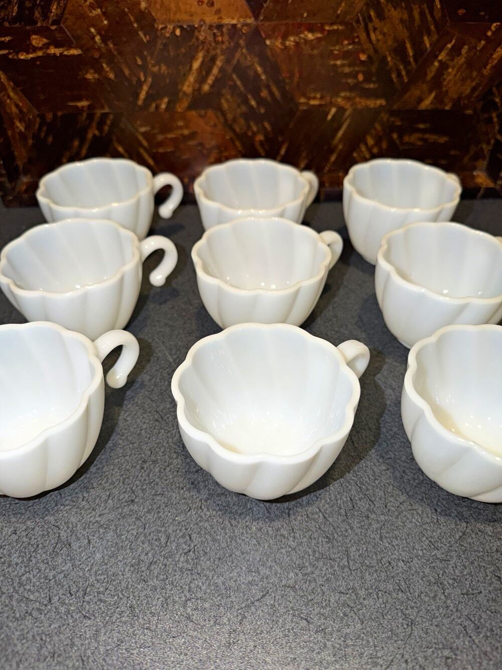 Vintage White Milk Glass Swirl Fluted Scalloped punch tea Cups 3 in set of 9